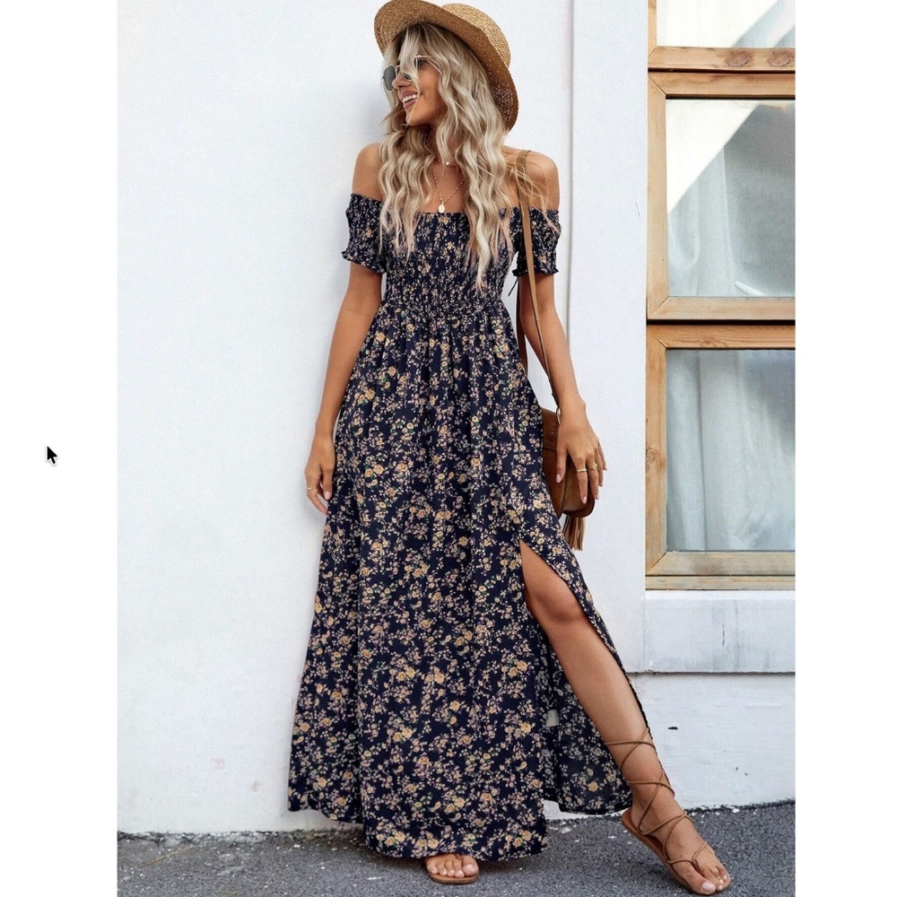 Ditsy Floral Off Shoulder Navy Blue Shirred Top Maxi Dress Leg Slit Flowy, Long